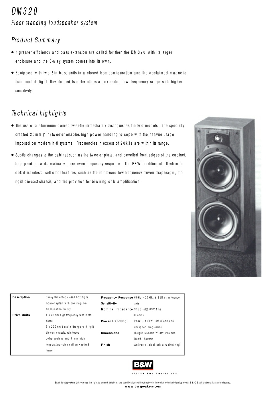 Bowers Wilkins Dm3 Specification Sheet Pdf Download Manualslib