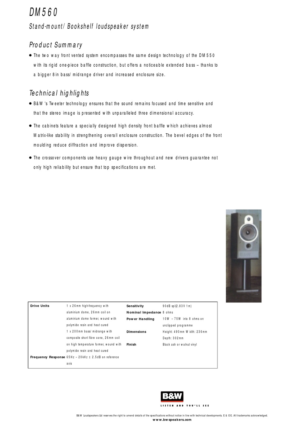 Bowers Wilkins Dm560 Specification Sheet Pdf Download Manualslib