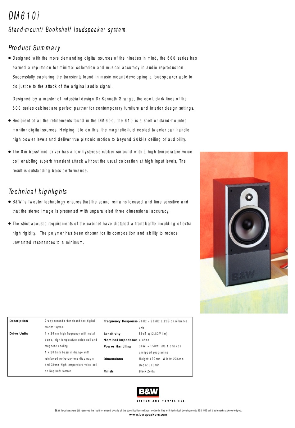 Bowers Wilkins Dm610i Specification Sheet Pdf Download Manualslib