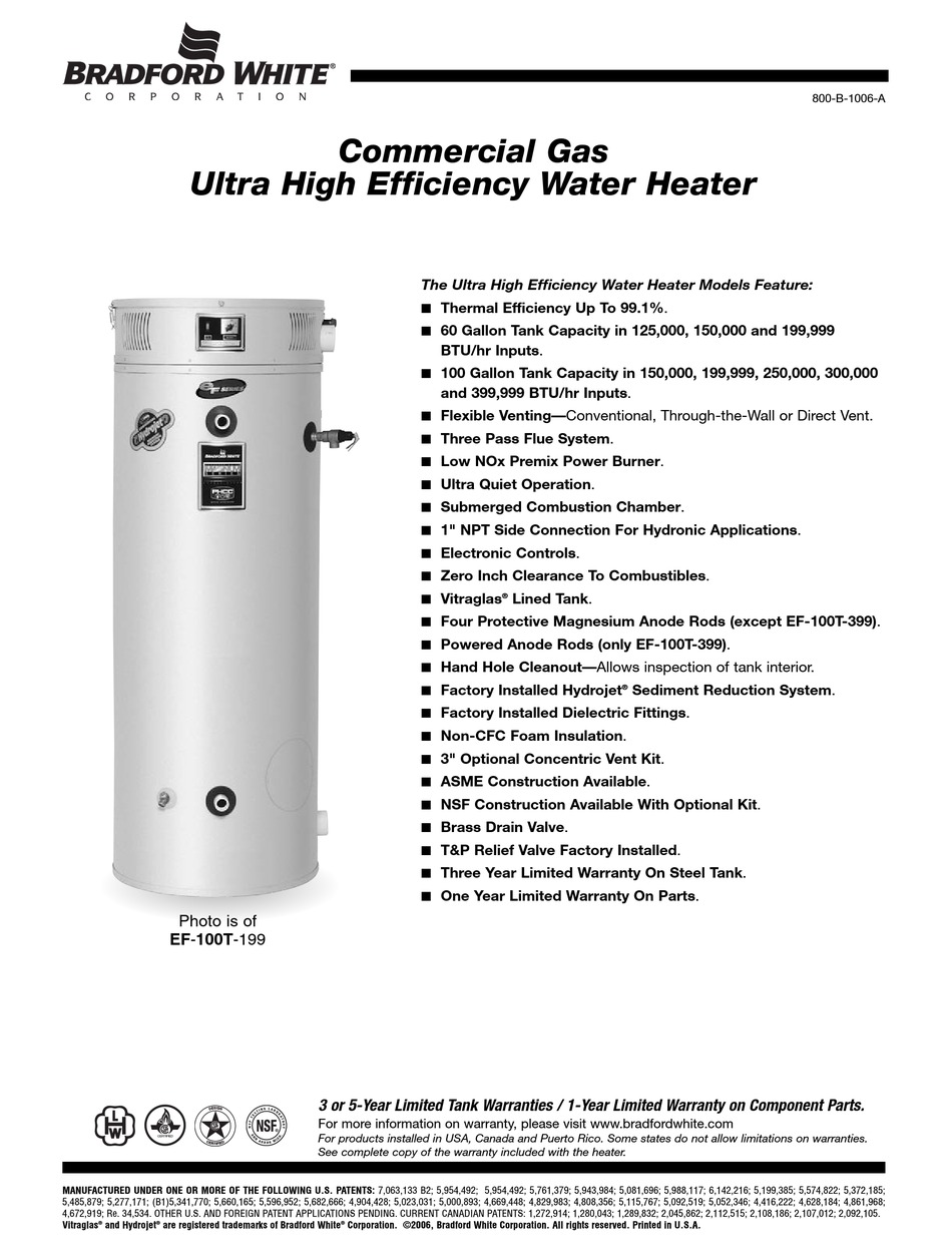 BRADFORD WHITE EF100T199 SPECIFICATION SHEET Pdf Download ManualsLib