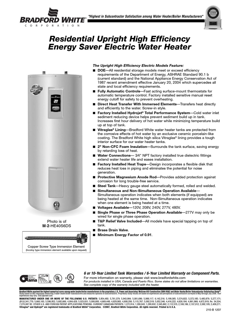 BRADFORD WHITE M2HE40S6DS SPECIFICATIONS Pdf Download ManualsLib