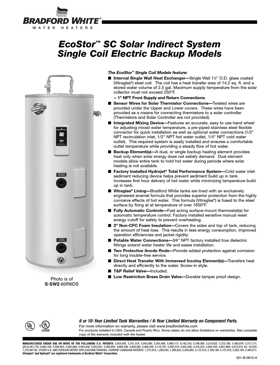 Bradford White S Sw2 60r6ds Specification Sheet Pdf Download Manualslib