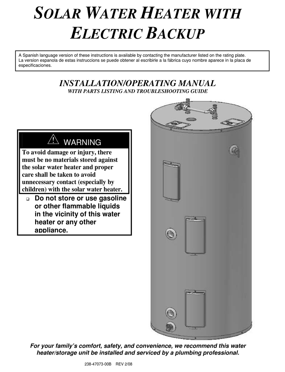SOLAR WATER HEATER INSTALLATION & OPERATING MANUAL Pdf Download