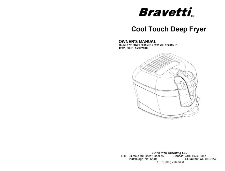 BRAVETTI COOL TOUCH DEEP FRYER F2015HB OWNER'S MANUAL Pdf Download