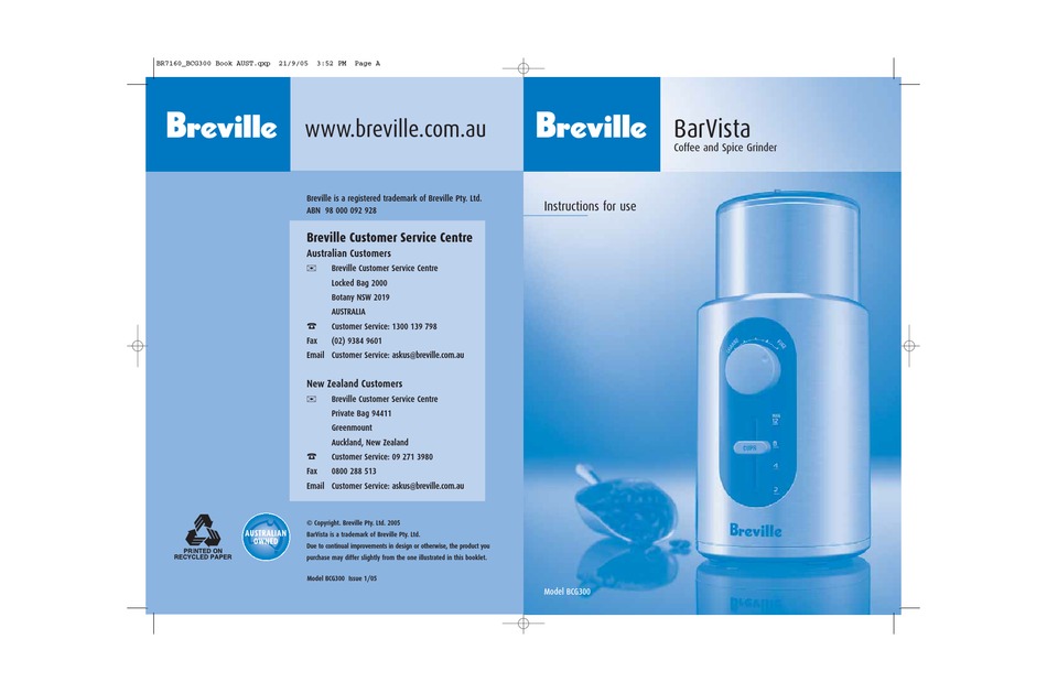 BREVILLE BARVISTA BCG300 INSTRUCTIONS 