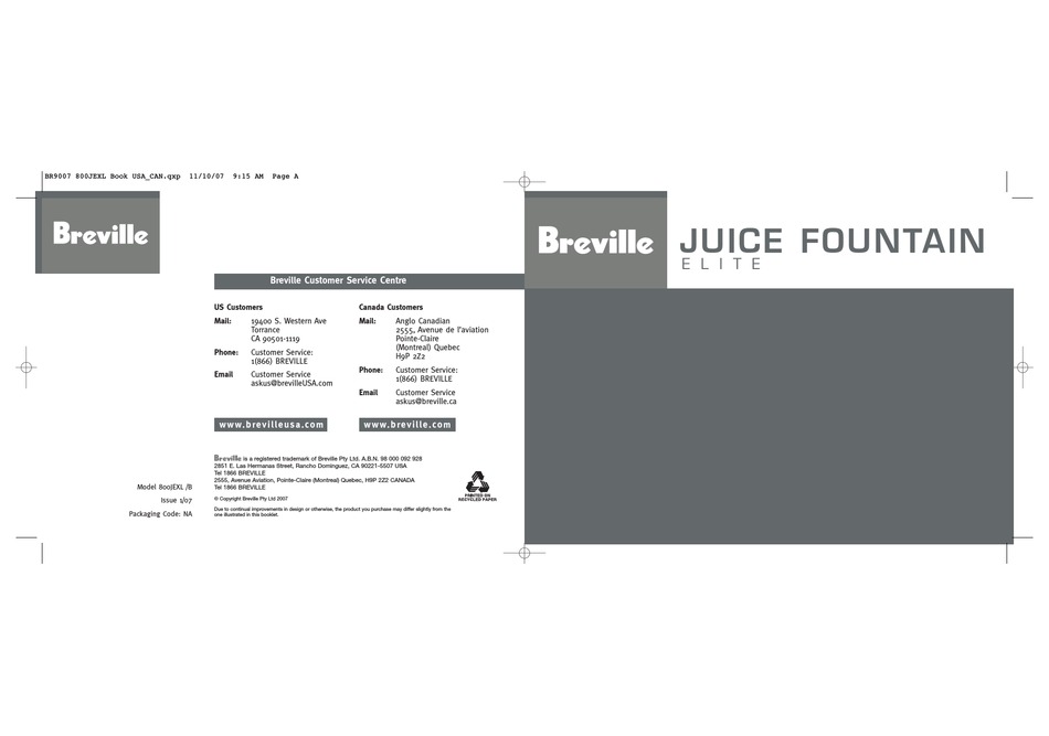 BREVILLE JUICE FOUNTAIN ELITE 800JEXL /B USER MANUAL Pdf Download