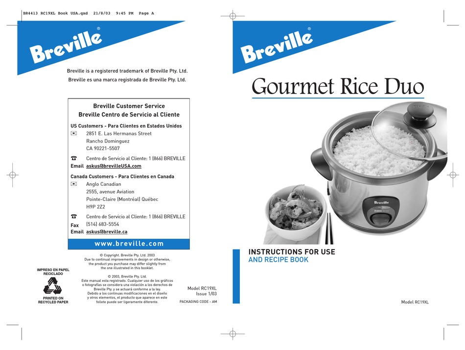 Breville Gourmet Rice Duo Rc19xl Instructions For Use And Recipe Book