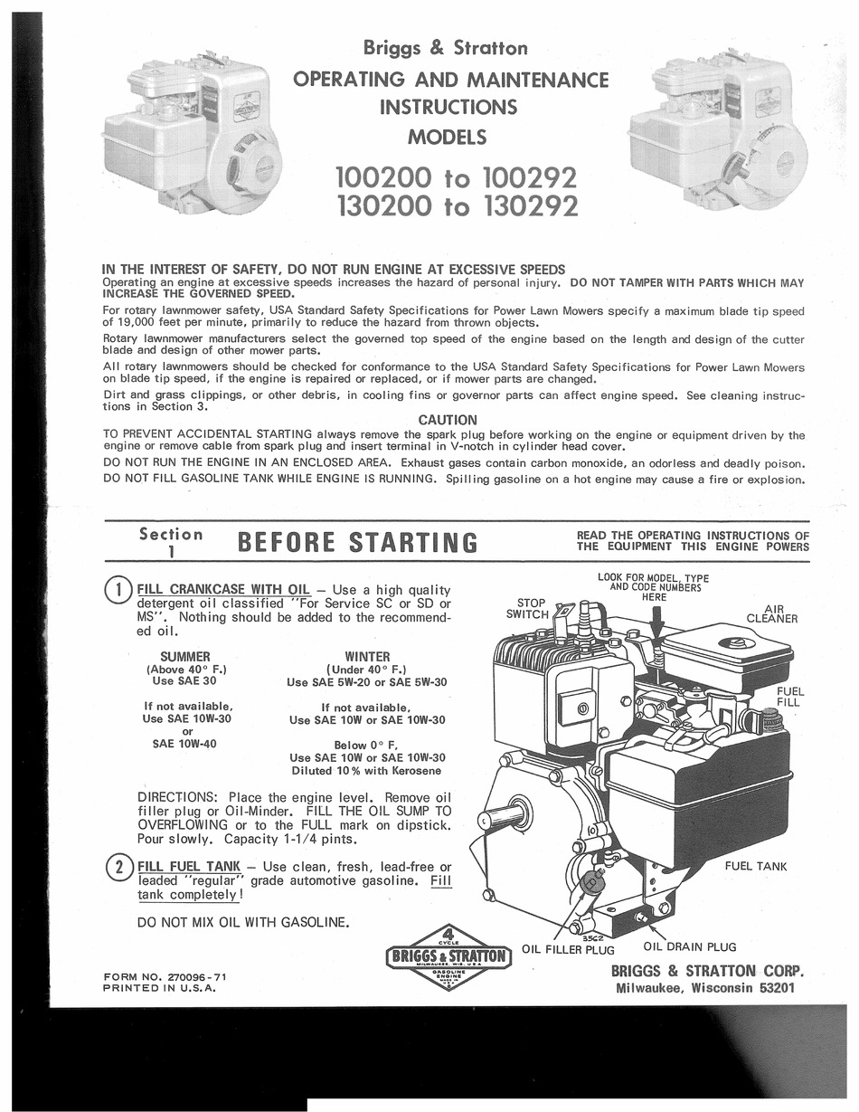 BRIGGS & STRATTON 100200 SERIES OPERATING AND MAINTENANCE INSTRUCTIONS ...