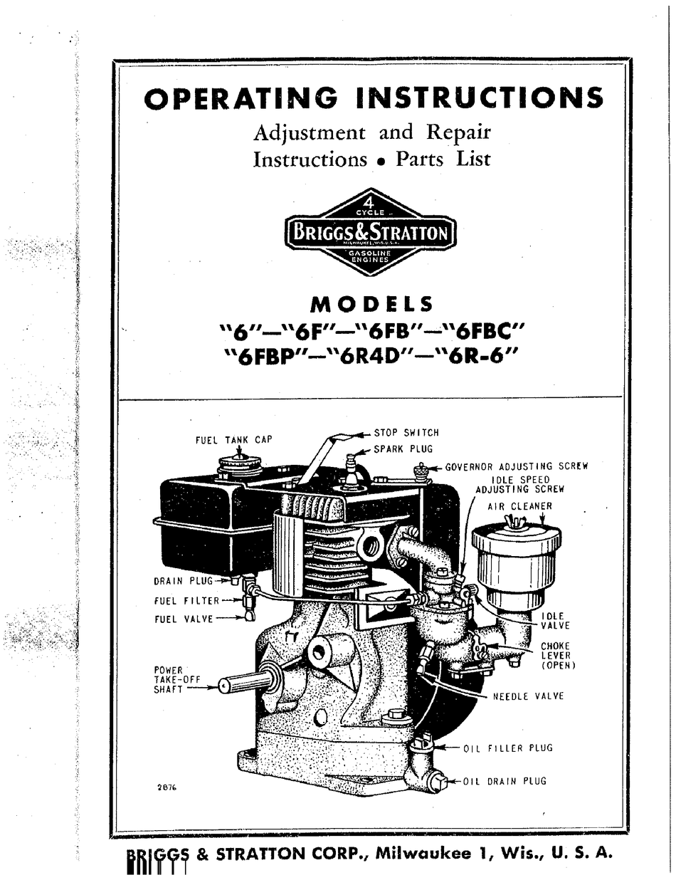 BRIGGS AND STRATTON 6-SR6 ENGINE OPERATORS REPAIR MANUAL SERVICE OWNERS & BS 