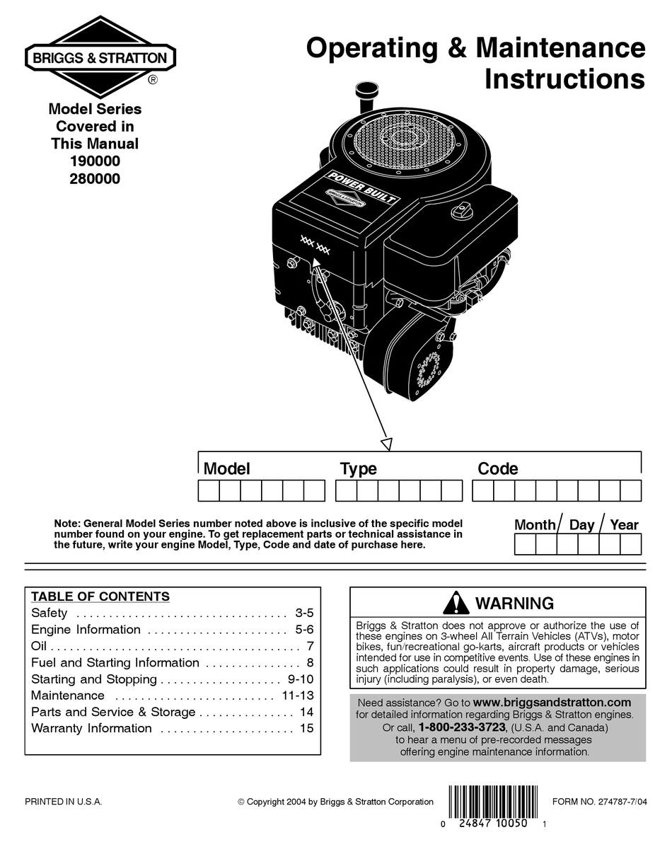 Briggs Stratton 190000 Series Operating And Maintenance Instructions Manual Pdf Download Manualslib