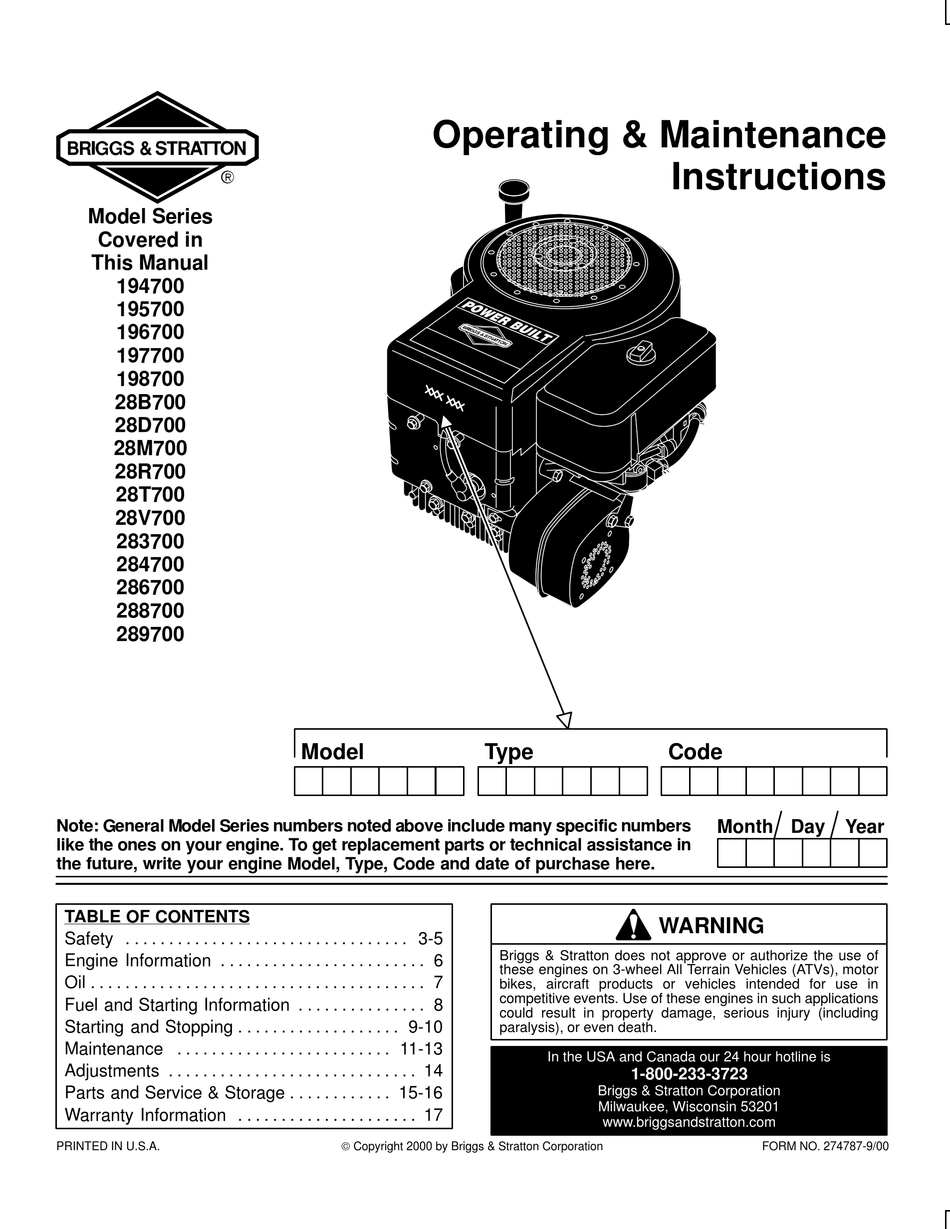 Briggs Stratton 194700 Series Operating Maintenance Instructions Pdf Download Manualslib