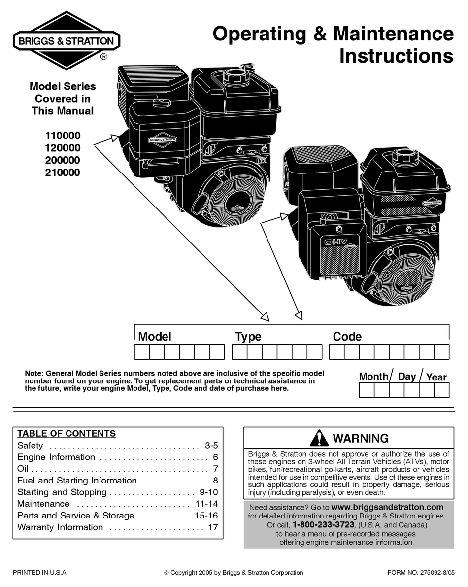 Tune-Up Specifications; General Information - Briggs & Stratton 110000 ...