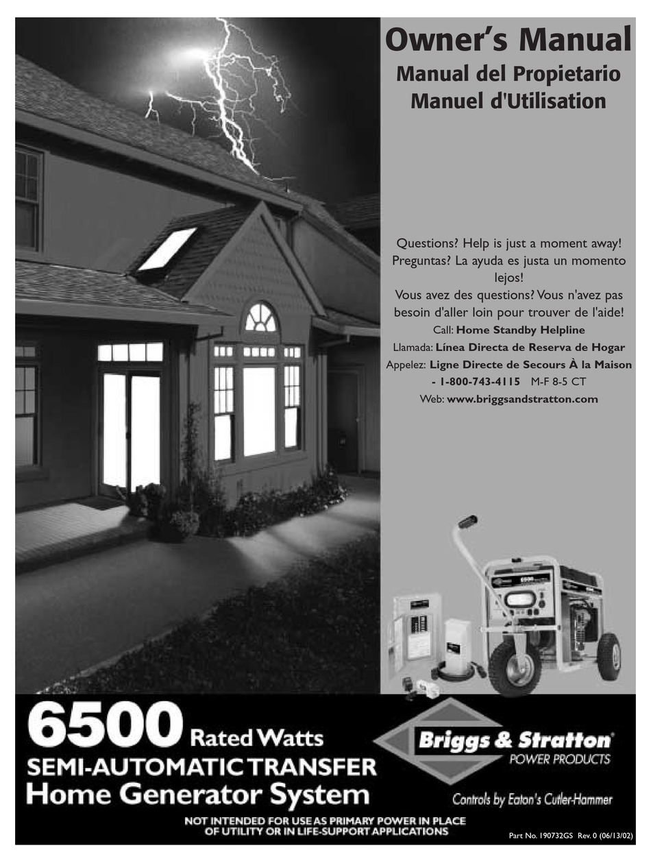 BRIGGS & STRATTON HOME GENERATOR SYSTEM OWNER'S MANUAL Pdf Download