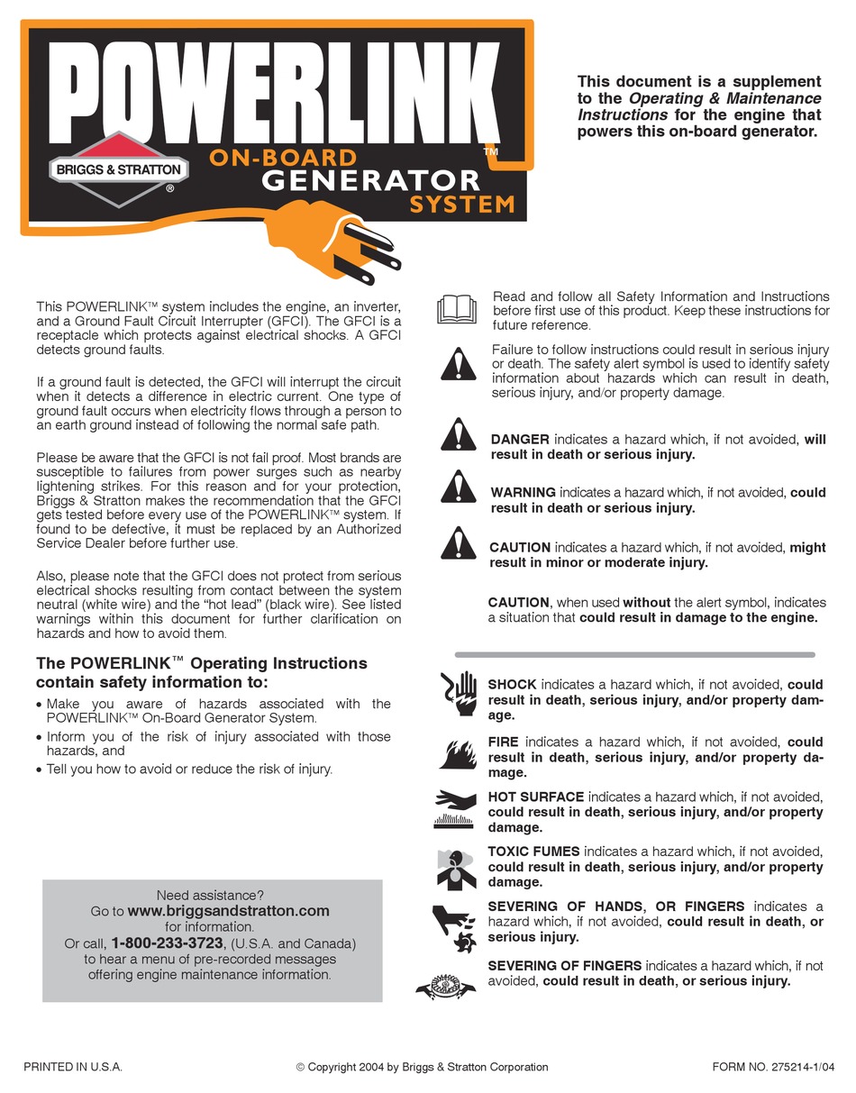 BRIGGS & STRATTON POWERLINK ONBOARD GENERATOR SYSTEM SUPPLEMENT Pdf