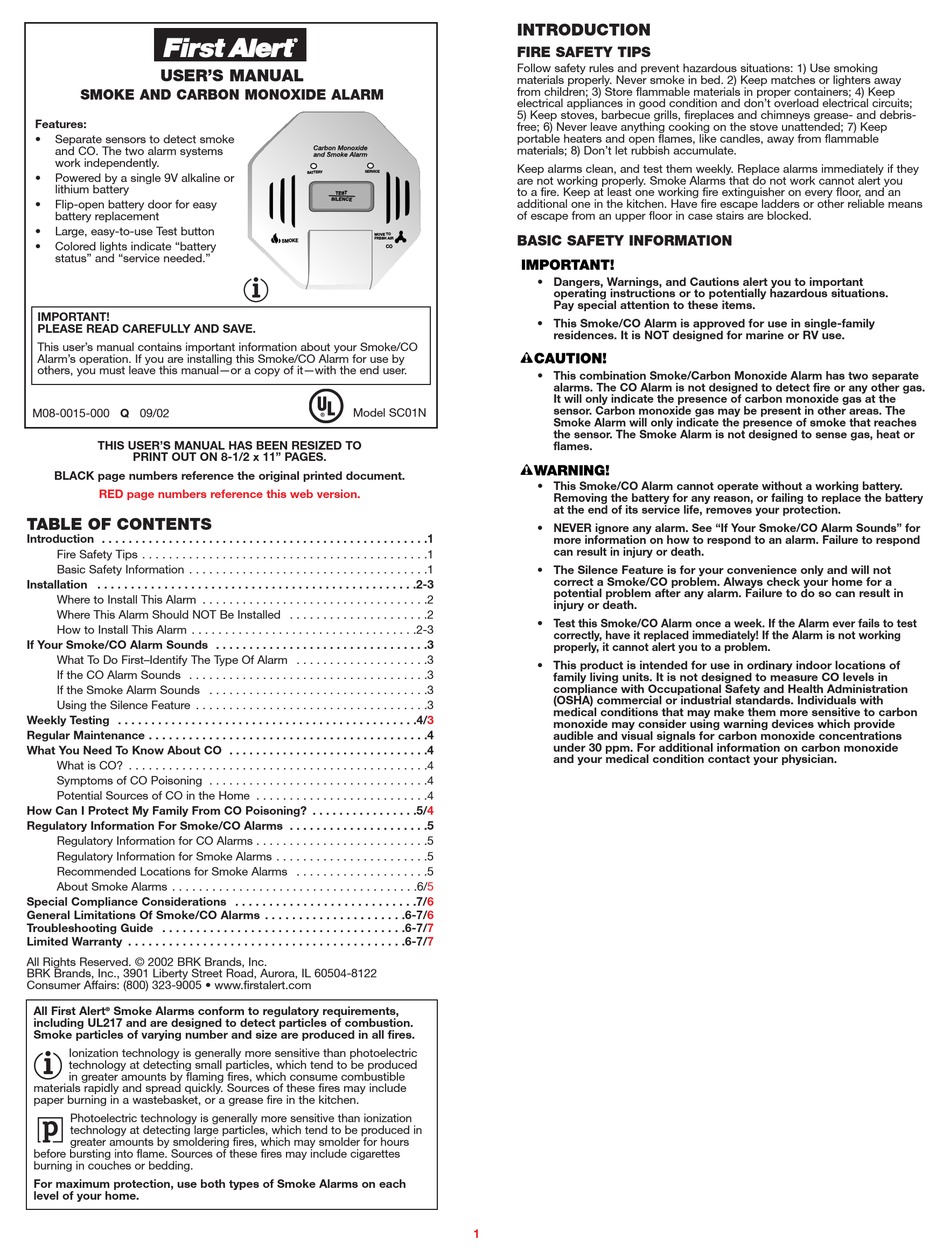 First Alert Sc01nm08 User Manual Pdf Download Manualslib