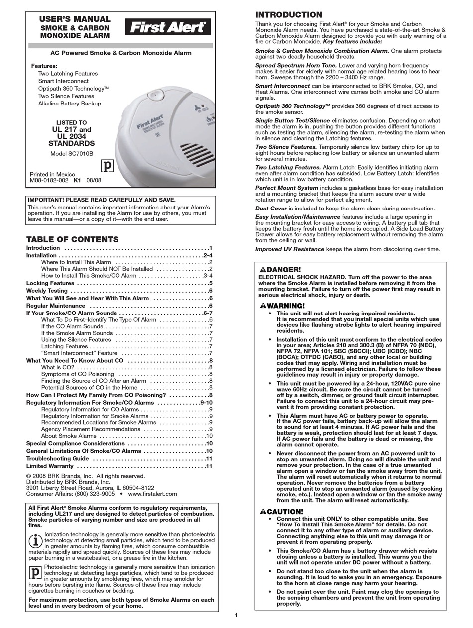 FIRST ALERT SC7010B USER MANUAL Pdf Download ManualsLib