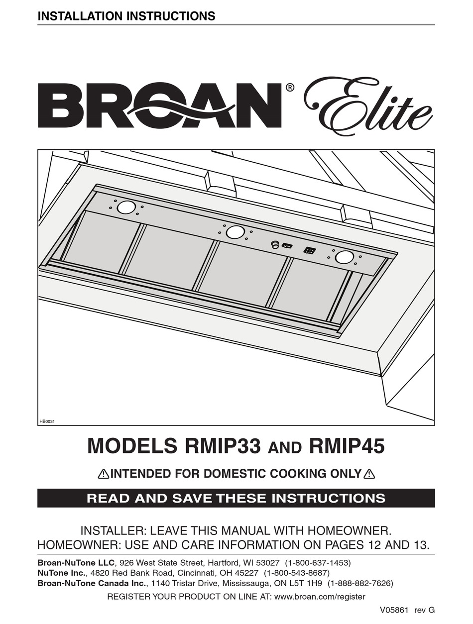 BROAN ELITE RMIP33 INSTALLATION INSTRUCTIONS MANUAL Pdf Download