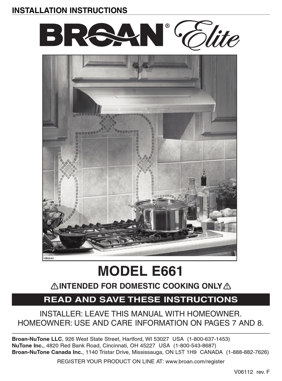 BROAN ELITE E661 INSTALLATION INSTRUCTIONS MANUAL Pdf Download ManualsLib