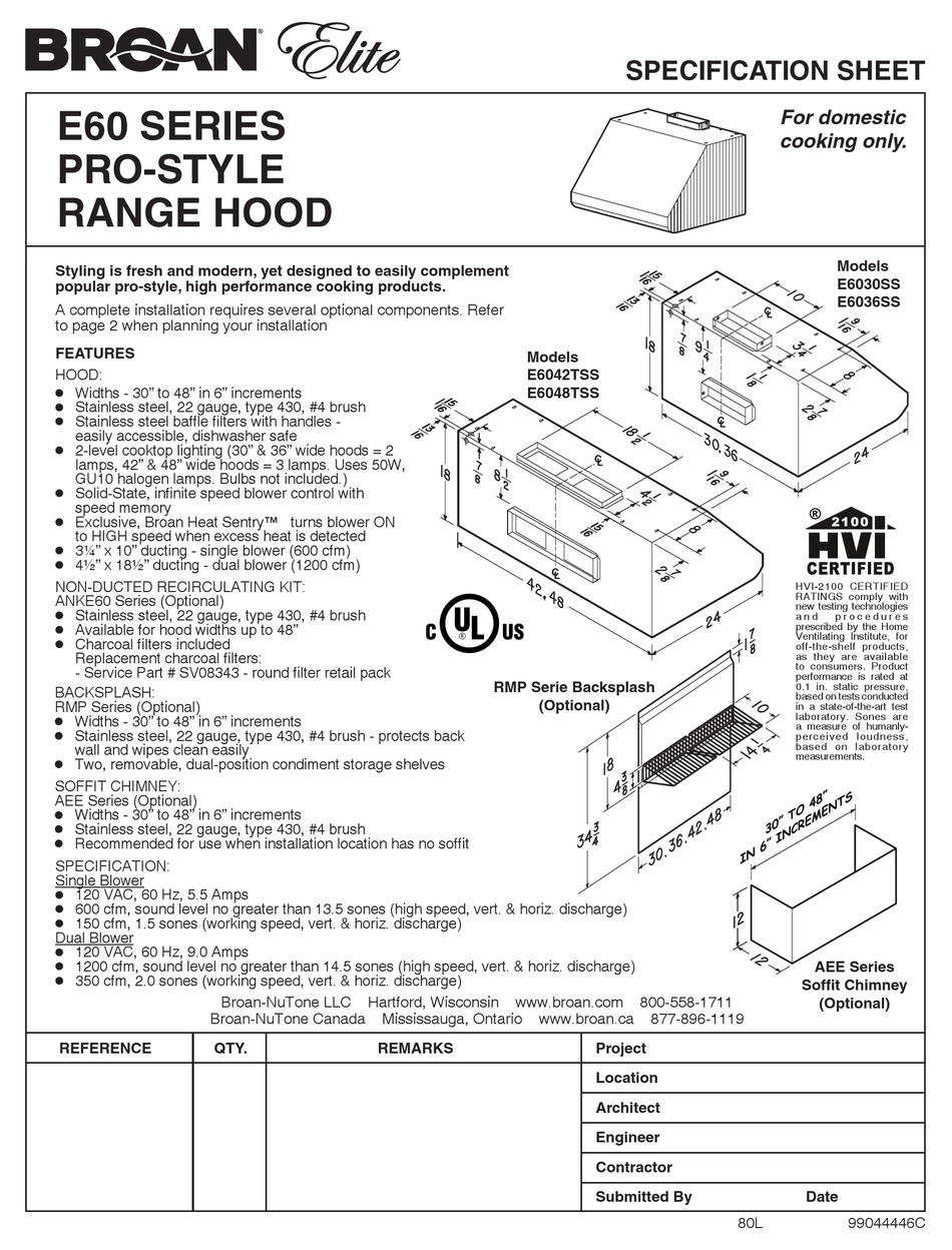 BROAN PRO-STYLE RANGE HOOD E60 SERIES SPECIFICATION SHEET Pdf Download