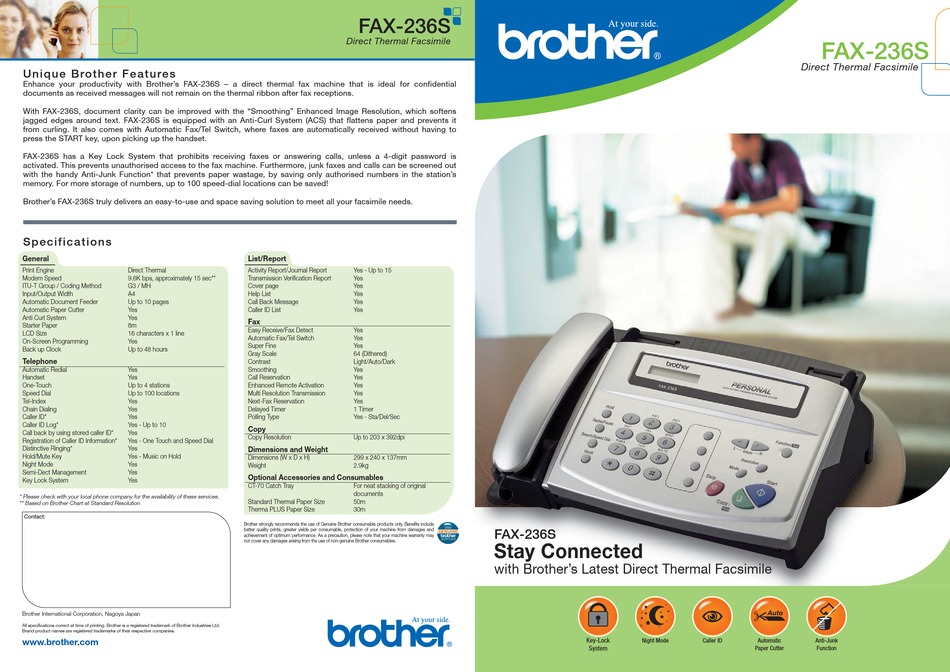 Brother Fax 236s Specifications Pdf Download Manualslib