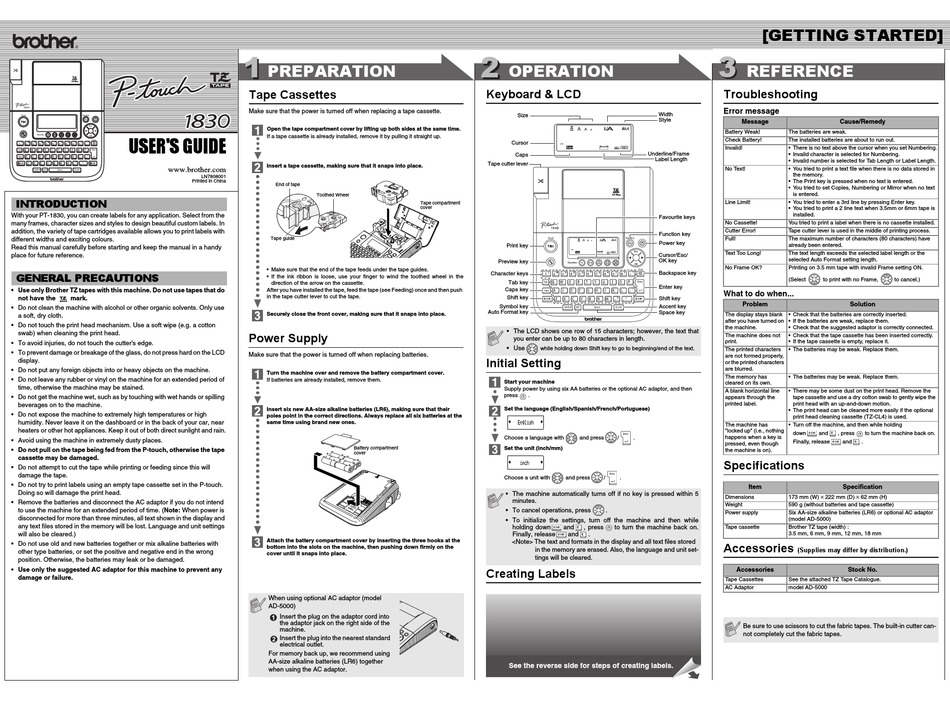 BROTHER P-TOUCH LN7808001 USER MANUAL Pdf Download | ManualsLib