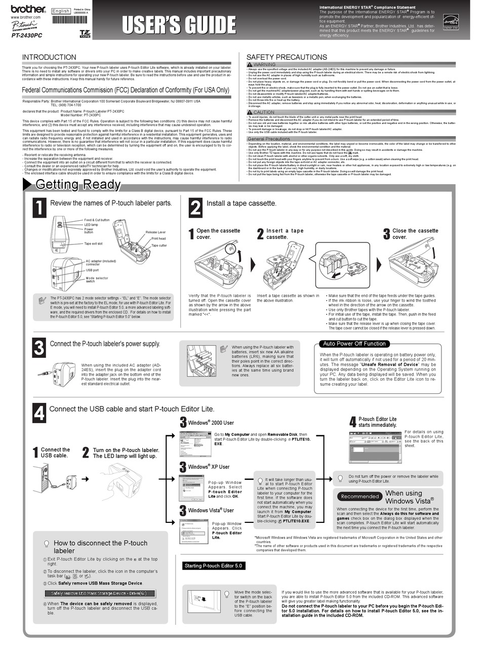 BROTHER P-TOUCH PT-2430PC USER MANUAL Pdf Download | ManualsLib