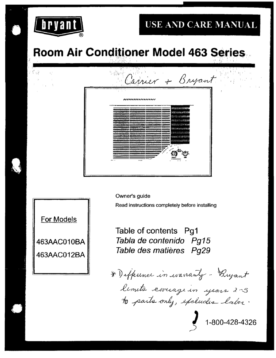 BRYANT 463AAC010BA USE AND CARE MANUAL Pdf Download | ManualsLib