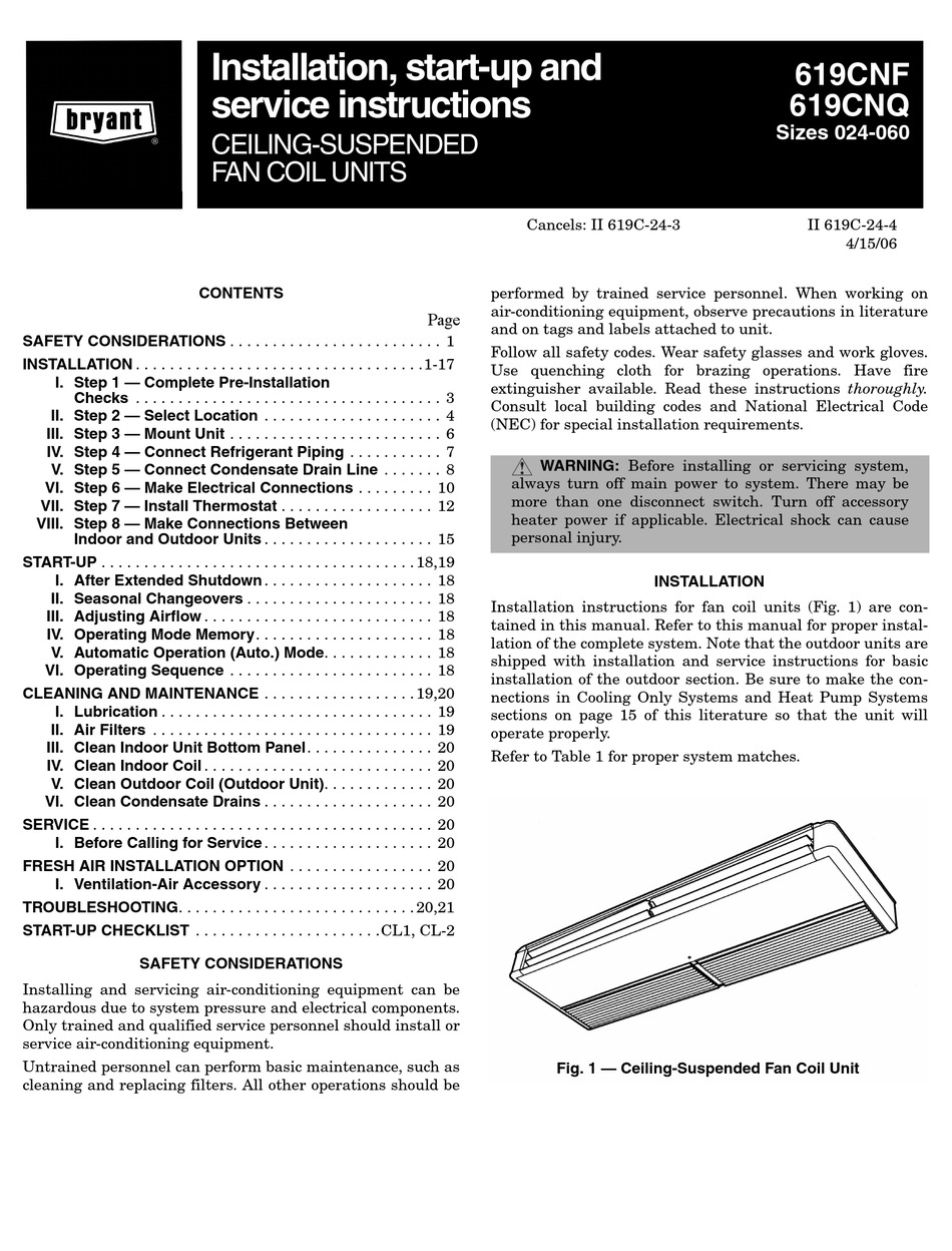 BRYANT 619CNF INSTALLATION, STARTUP AND SERVICE INSTRUCTIONS MANUAL