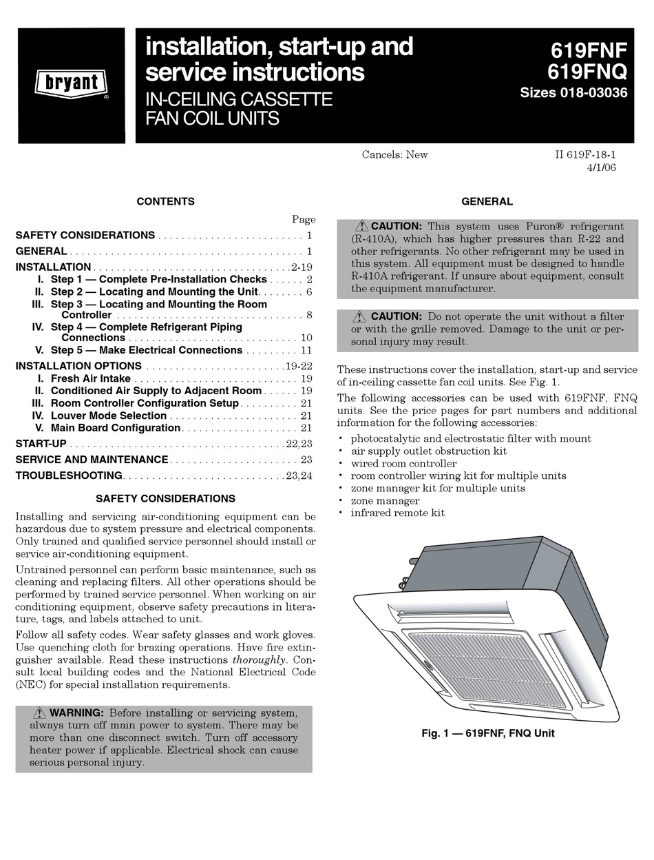 BRYANT 619FNF INSTALLATION, STARTUP AND SERVICE INSTRUCTIONS MANUAL