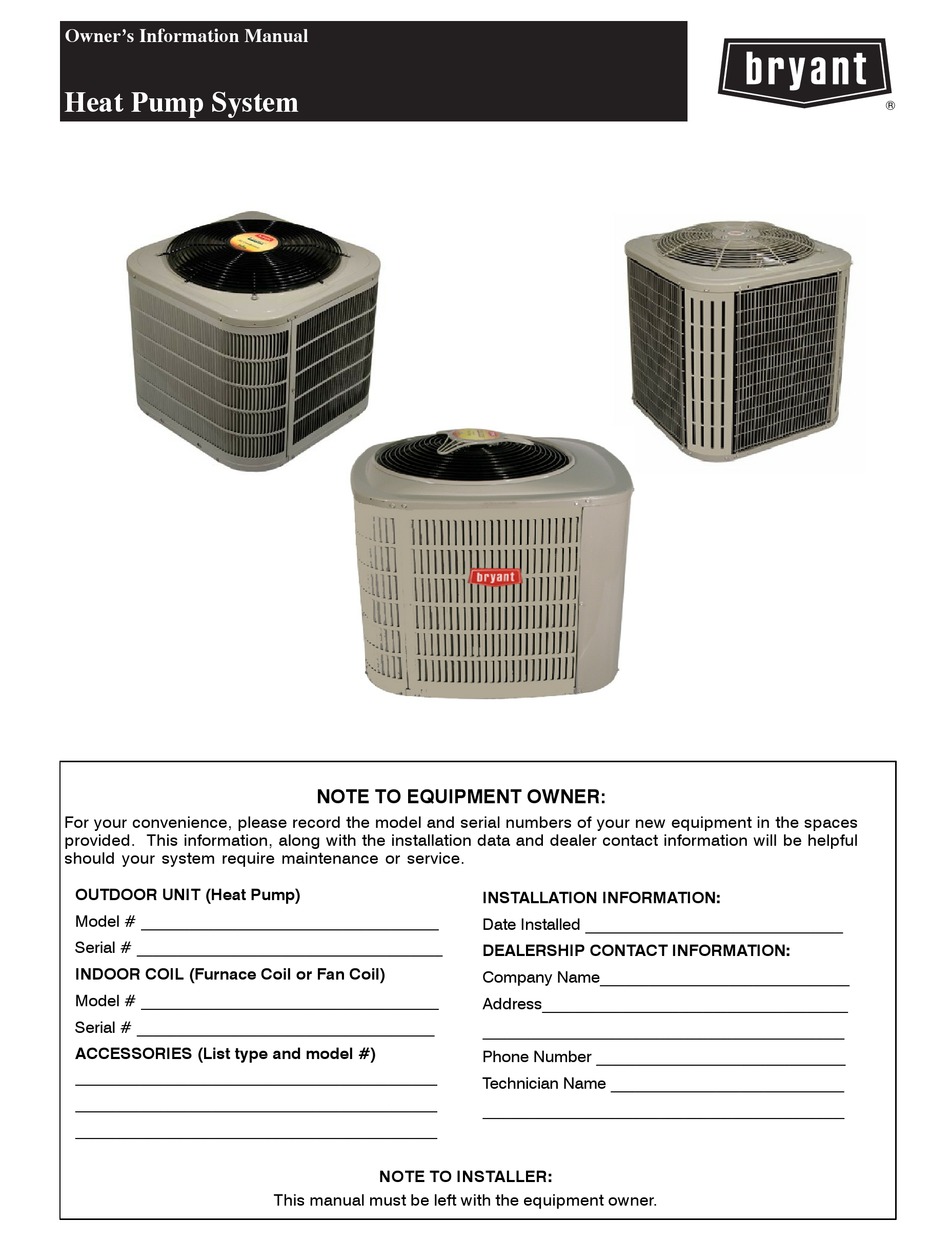 BRYANT CENTRAL AIR CONDITIONING SYSTEM OWNER'S INFORMATION MANUAL Pdf