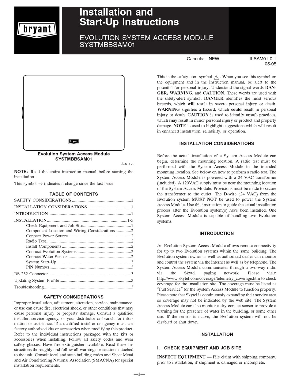 BRYANT SYSTMBBSAM01 INSTALLATION AND START-UP INSTRUCTIONS MANUAL Pdf ...