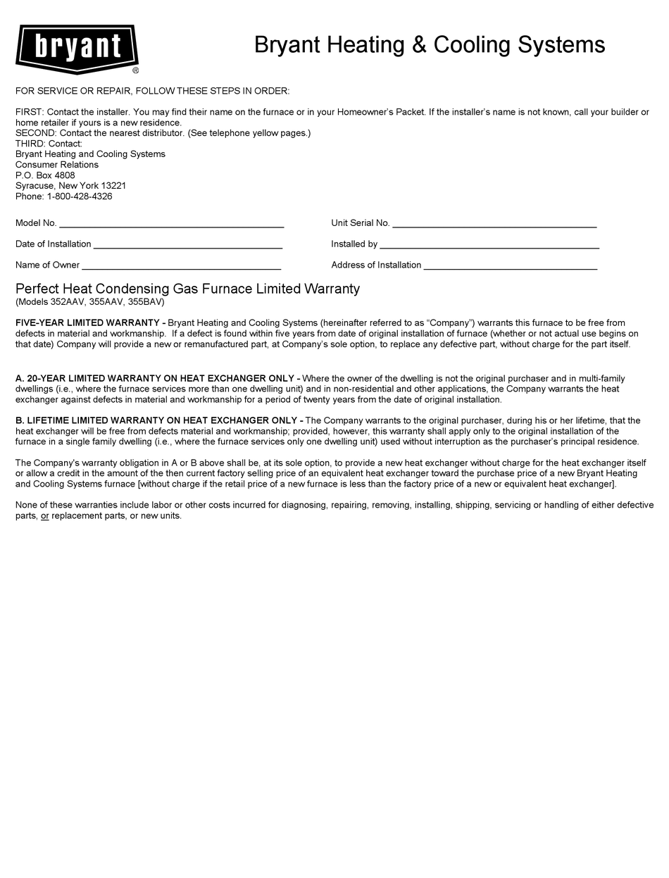 BRYANT 355BAV WARRANTY Pdf Download | ManualsLib
