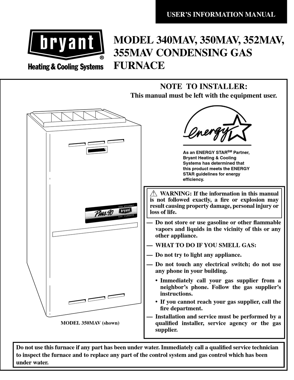 BRYANT CONDENSING GAS FURNACE 340MAV USER'S INFORMATION MANUAL Pdf ...