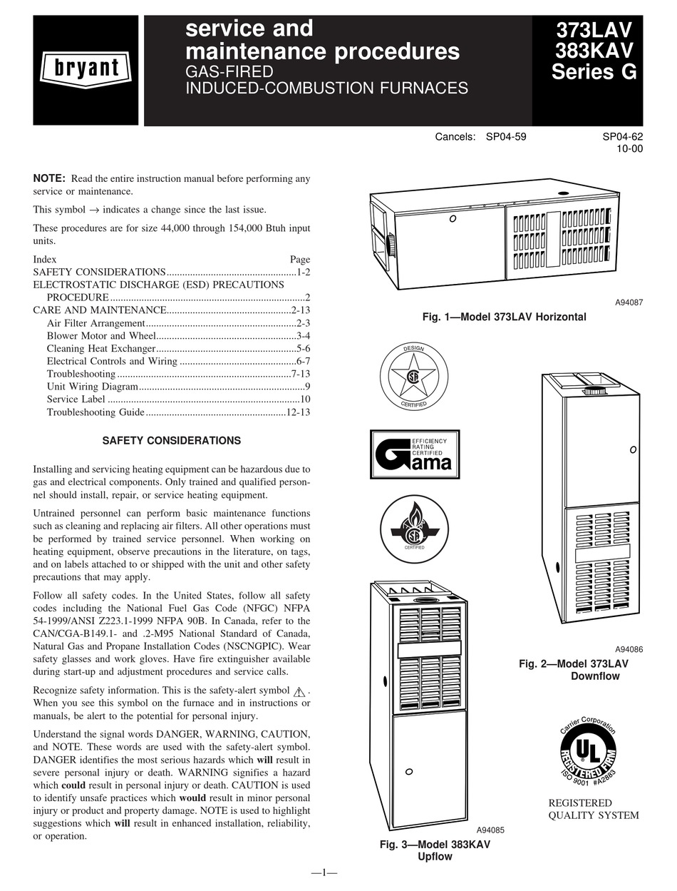 Bryant Gas Fired Induced Combustion Furnaces 373lav Service And Maintenance Procedures Manual Pdf Download Manualslib