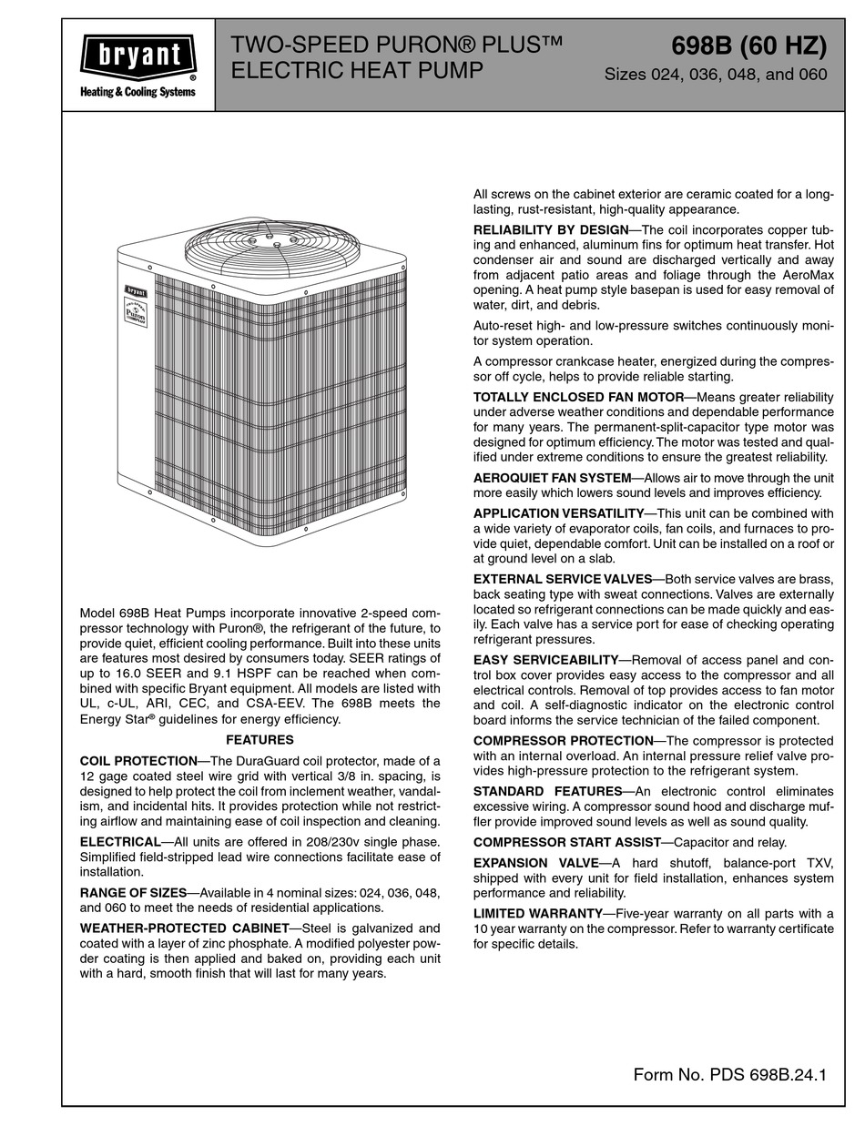 BRYANT TWO-SPEED PURON PLUS ELECTRIC HEAT PUMP 698B USER MANUAL Pdf ...