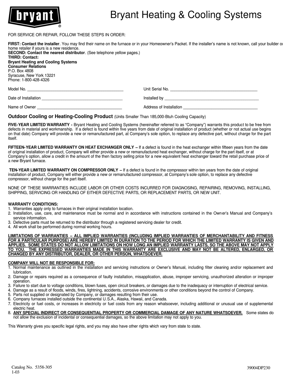 BRYANT 39004DP230 WARRANTY Pdf Download | ManualsLib