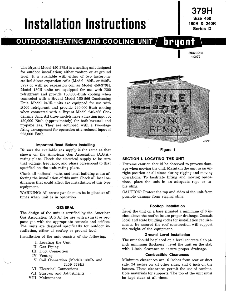 BRYANT OUTDOOR HEATING AND COOLING UNIT 379H INSTALLATION INSTRUCTIONS