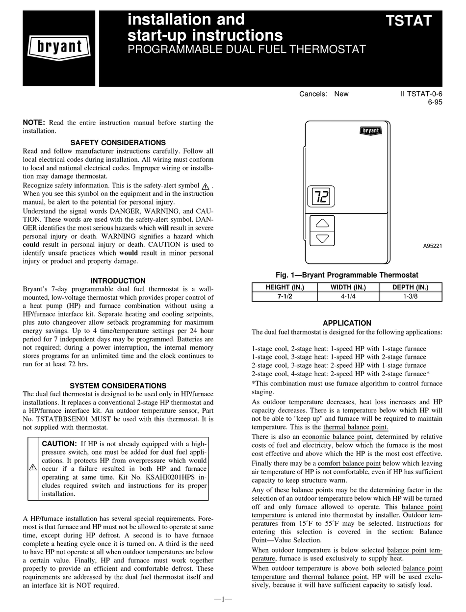 BRYANT DUAL FUEL THERMOSTAT TSTAT INSTALLATION AND START-UP