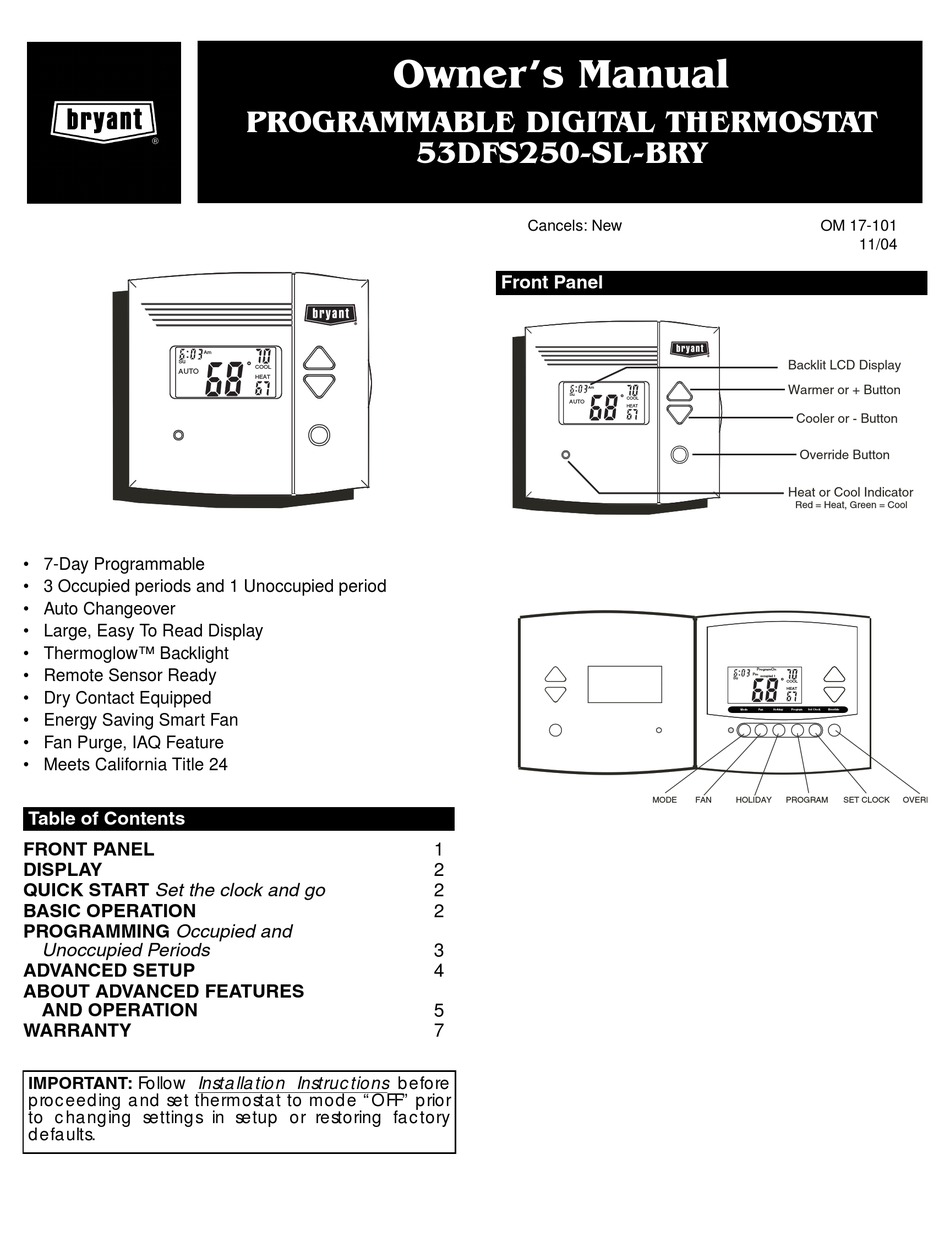 BRYANT PROGRAMMABLE DIGITAL TERMOSTAT OM 17-101 OWNER'S MANUAL Pdf ...