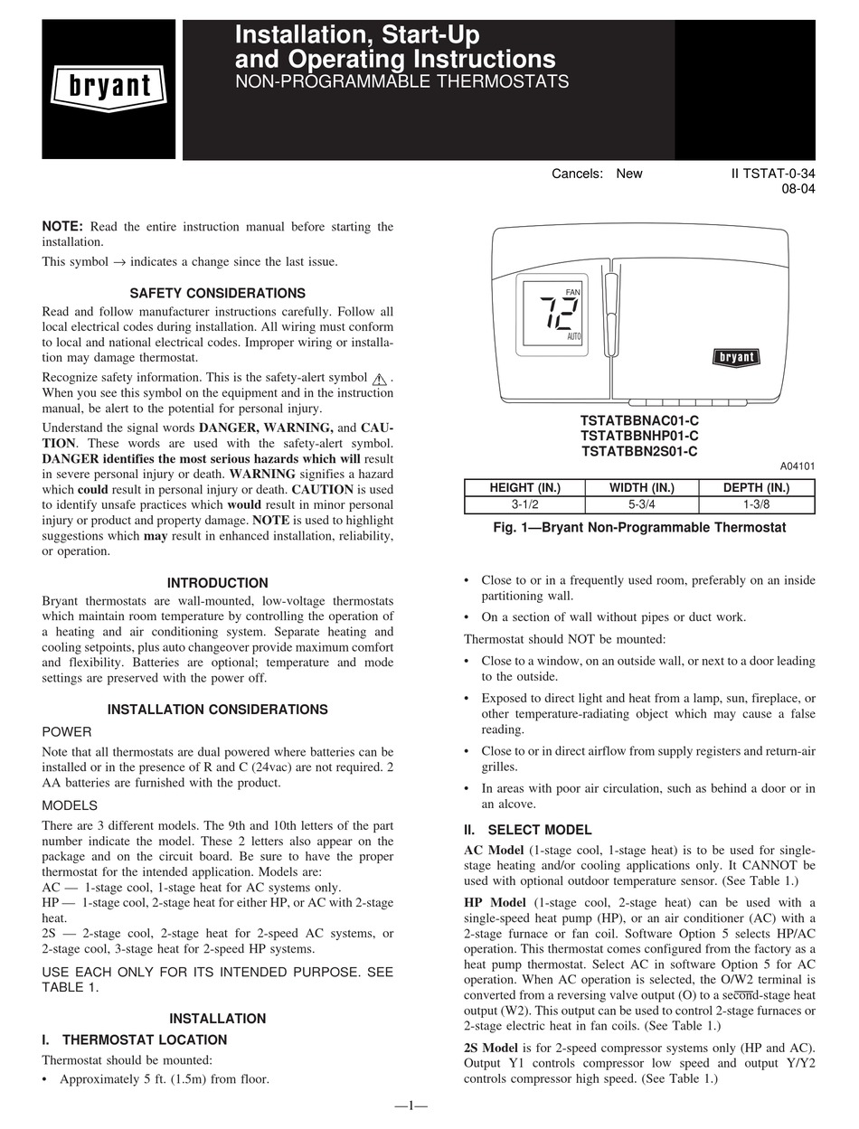 BRYANT TSTATBBN2S01-C INSTALLATION, START-UP, AND OPERATING ...