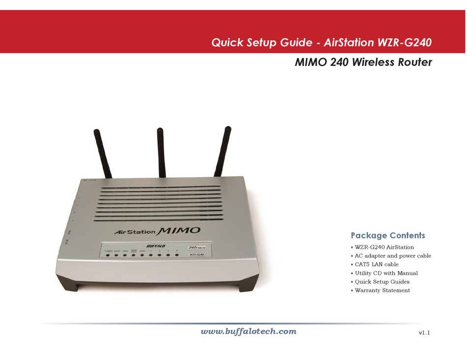 BUFFALO AIRSTATION MIMO240 WIRELESS CABLE/DSL ROUTER WZR-G240 QUICK SETUP MANUAL Download |