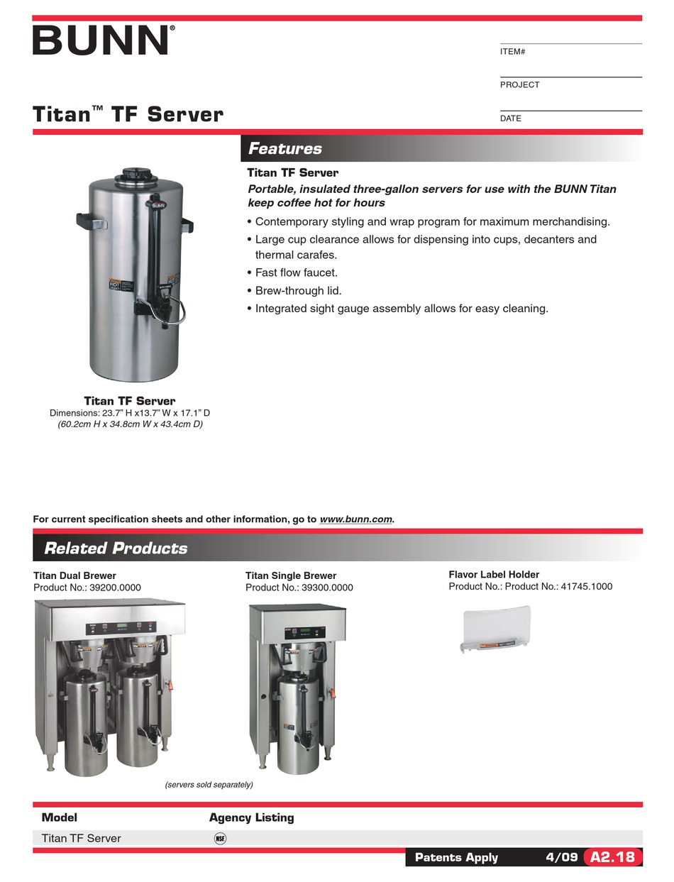 BUNN COFFEMAKER TITAN TF SERVER SPECIFICATION SHEET Pdf Download