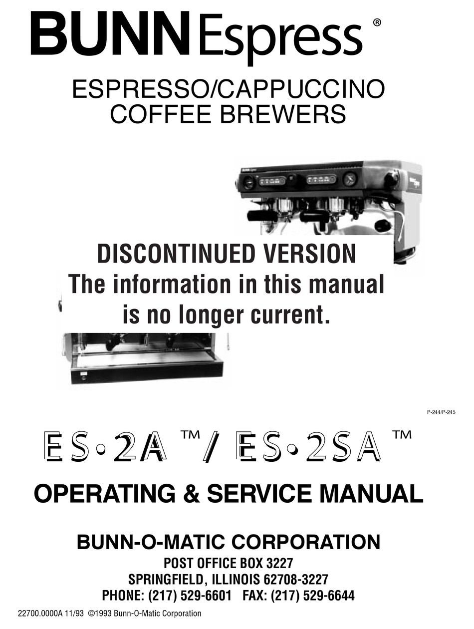 Bunn Espress Es 2sa Operating Service Manual Pdf Download Manualslib