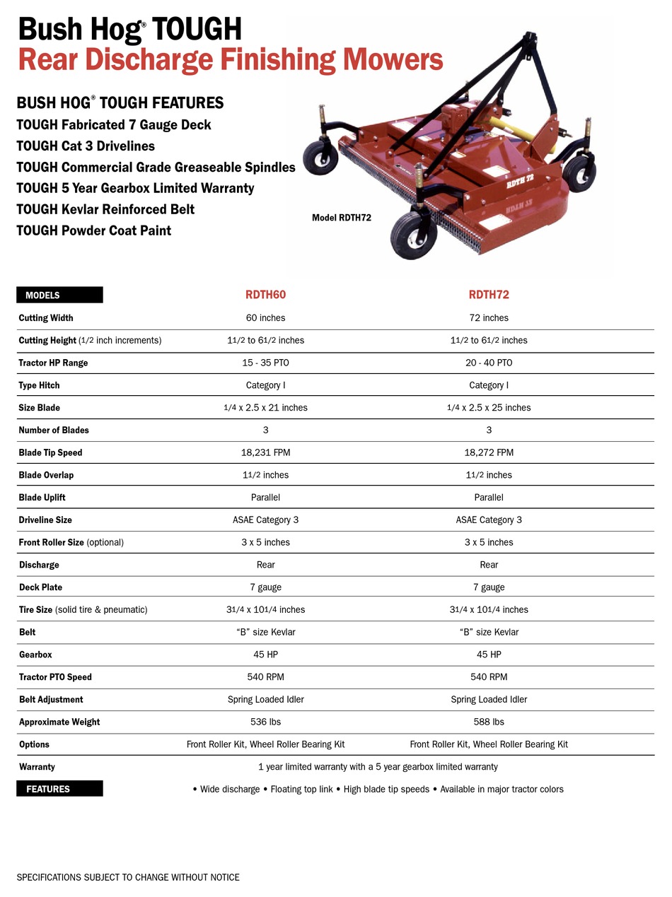 BUSH HOG TOUGH RDTH60 SPECIFICATIONS Pdf Download ManualsLib