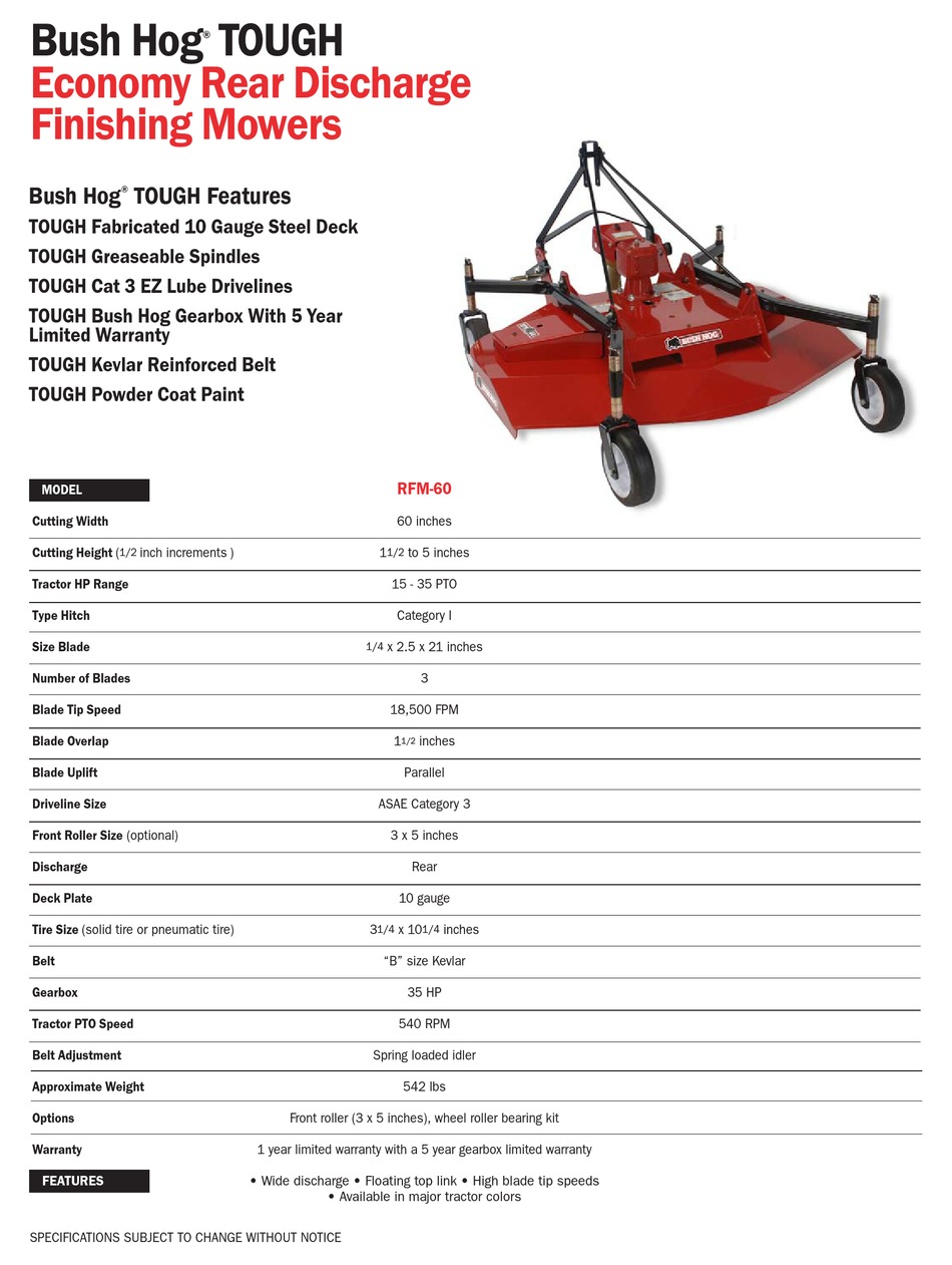 BUSH HOG TOUGH RFM-60 SPECIFICATION SHEET Pdf Download | ManualsLib