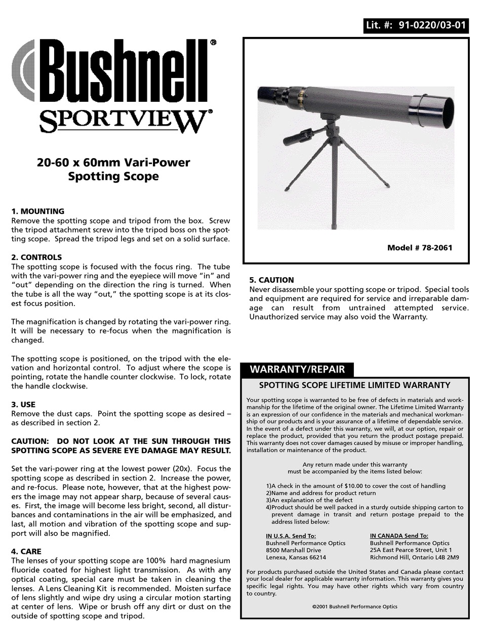 BUSHNELL SPORTVIEW 782061 USER MANUAL Pdf Download ManualsLib