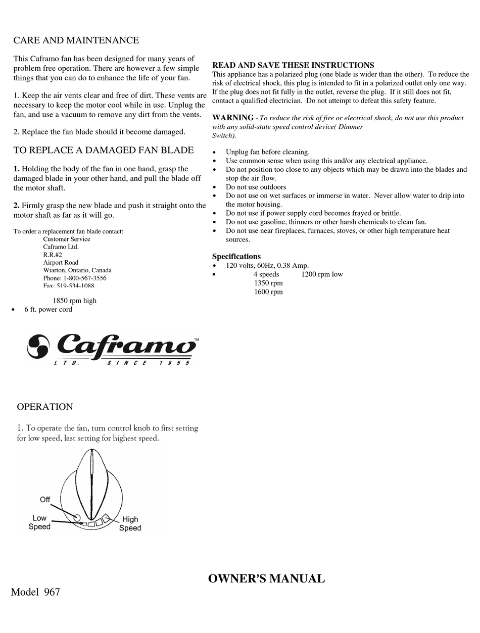 CAFRAMO EXHAUST FAN 967 OWNER'S MANUAL Pdf Download ManualsLib