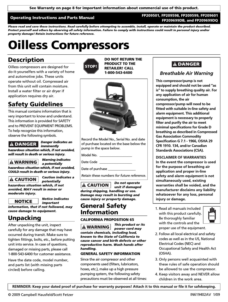 CAMPBELL HAUSFELD FP209501 OPERATING INSTRUCTIONS AND PARTS MANUAL Pdf