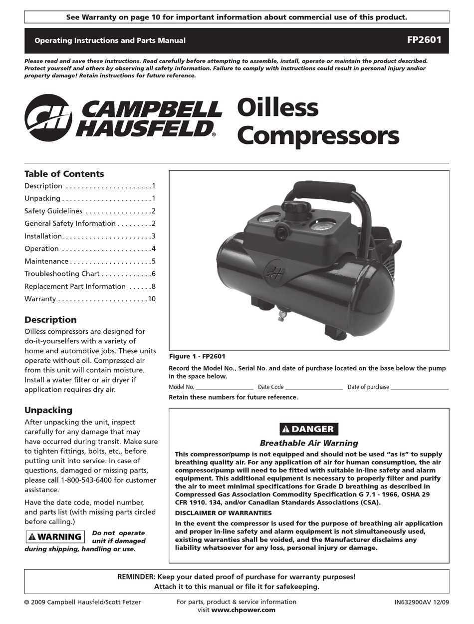 CAMPBELL HAUSFELD FP2601 OPERATING INSTRUCTIONS AND PARTS MANUAL Pdf Download ManualsLib