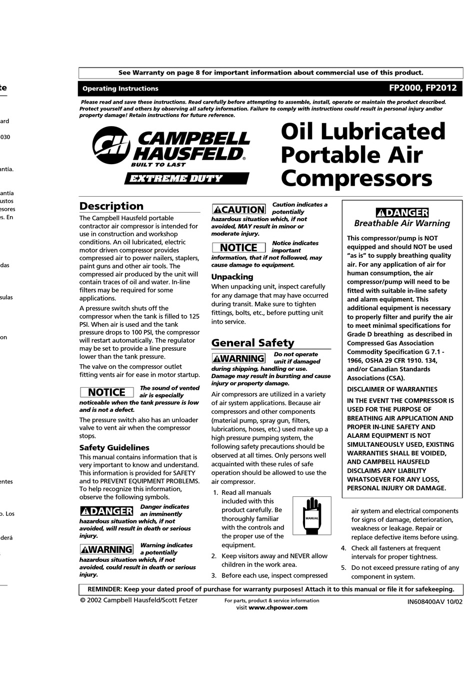 CAMPBELL HAUSFELD FP2000 OPERATING INSTRUCTIONS MANUAL Pdf Download 